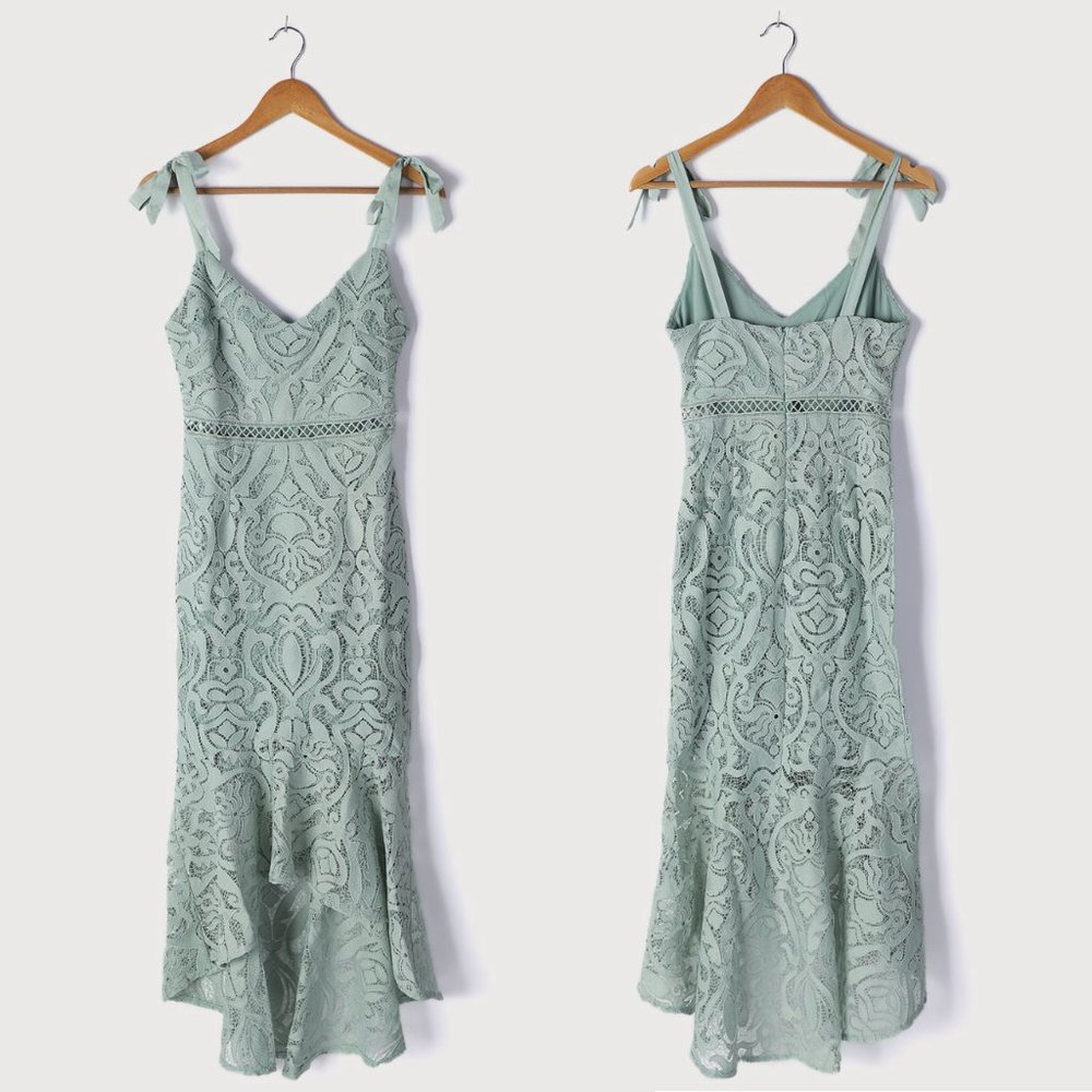 Lulu's Won Your Heart Sage Green Lace Tie-Strap High-Low Midi Dress – NWT